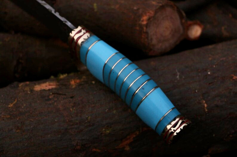 Hand Made Damascus Steel Beautiful Hunting Knife, Camping Knife with Hand Made Original Leather Cover