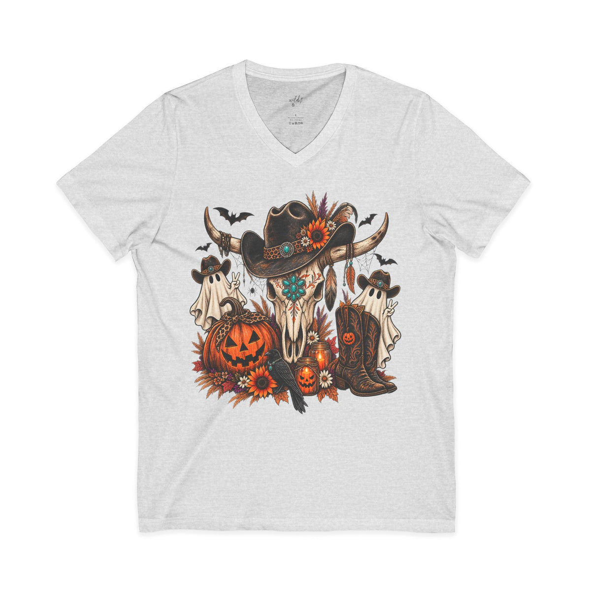 Cow Skull Halloween V-Neck Tee — Western Pumpkin & Ghosts Graphic - Wild'n'Free Exclusive