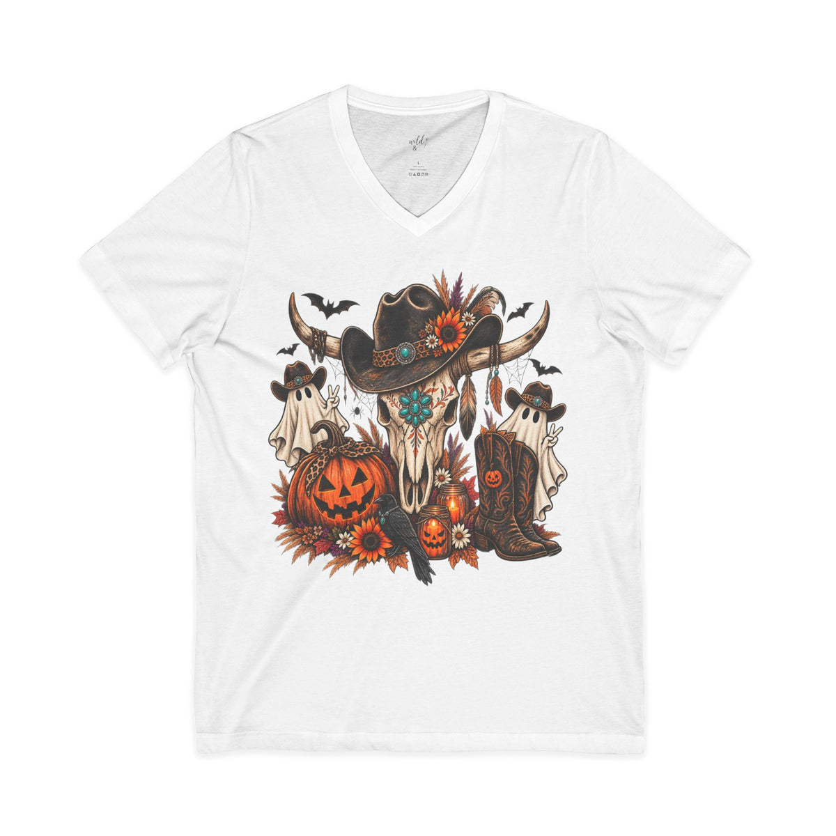 Cow Skull Halloween V-Neck Tee — Western Pumpkin & Ghosts Graphic - Wild'n'Free Exclusive