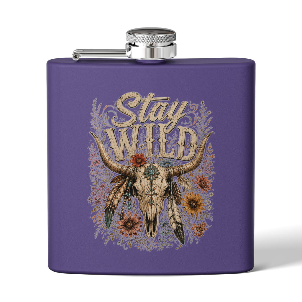 Stay Wild Stainless Steel Flask – 6oz Hip Flask with Boho Skull & Floral Design - Wild'n'Free Exclusive!