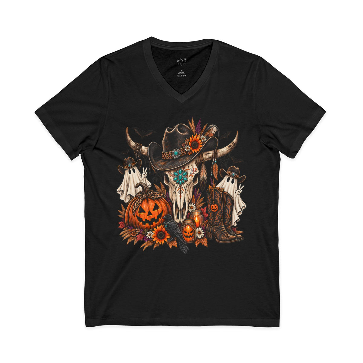 Cow Skull Halloween V-Neck Tee — Western Pumpkin & Ghosts Graphic - Wild'n'Free Exclusive