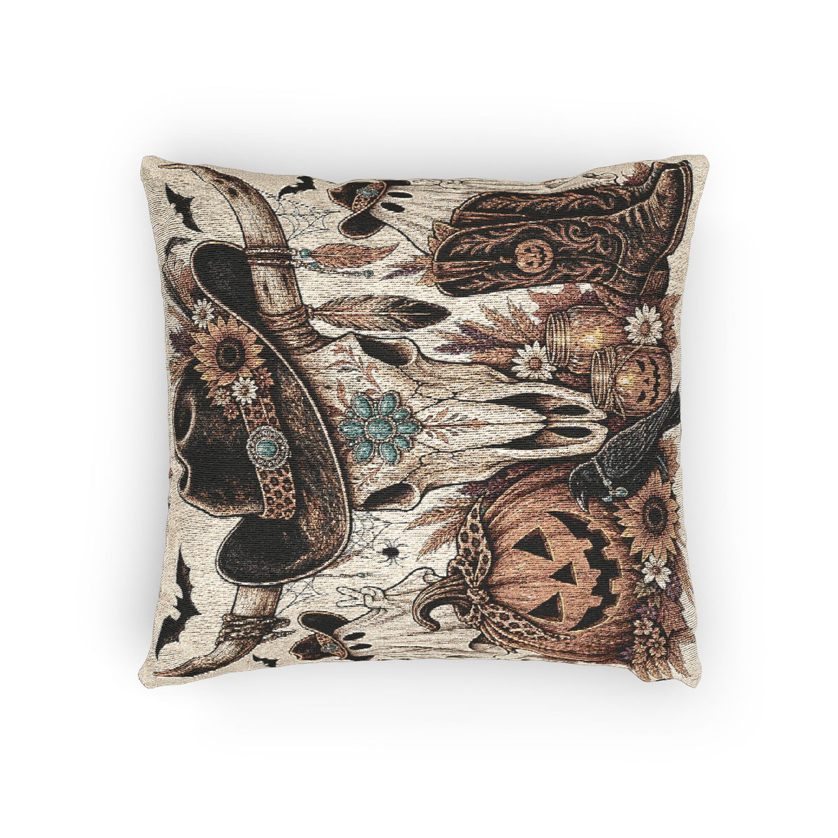 Southwestern Skull, Pumpkin & Boots Halloween Woven Decorative Fall Throw Pillow - Wild'n'Free Exclusive!