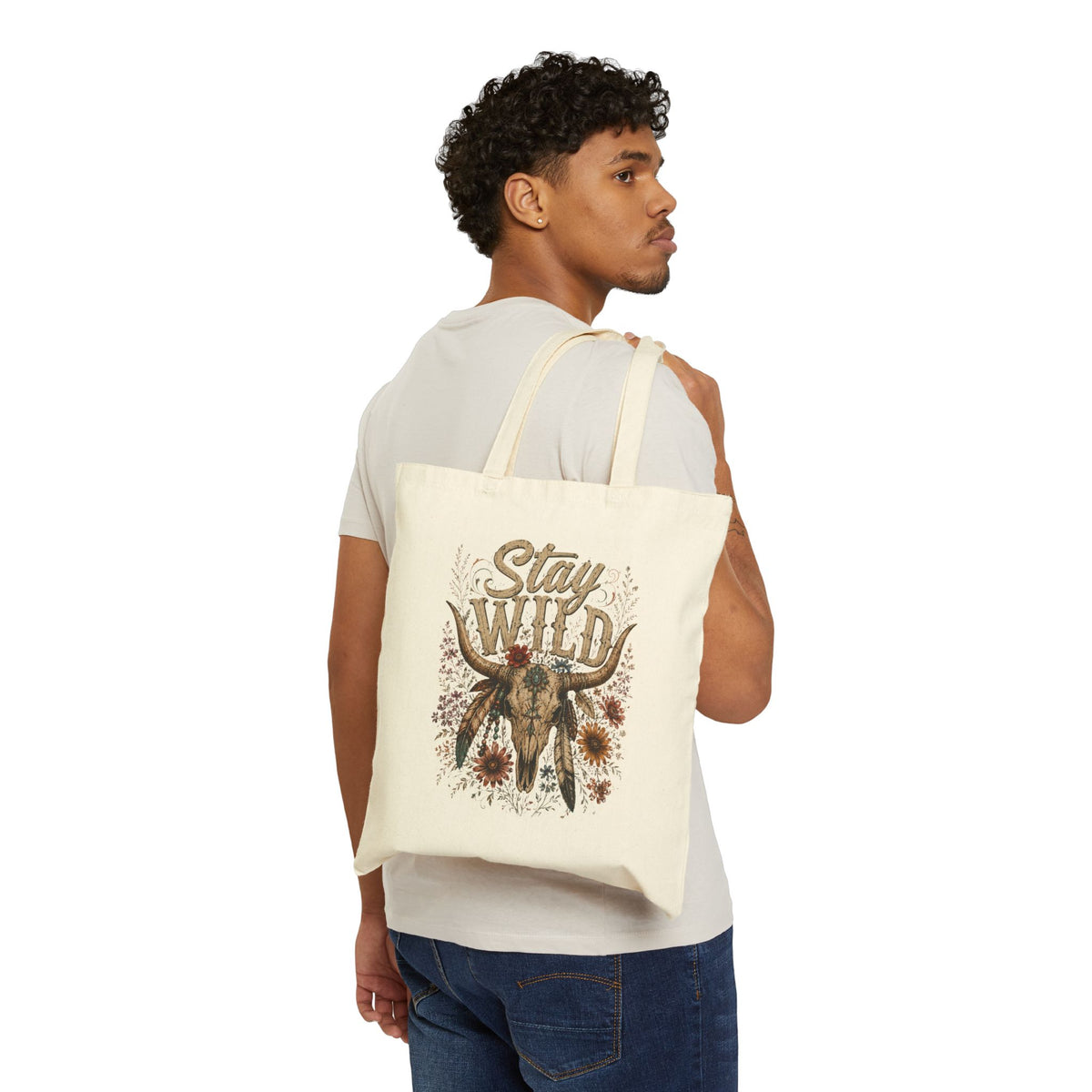 Stay Wild Boho Cow Skull Canvas Grocery & Market Tote Bag - Wild'n'Free Exclusive!