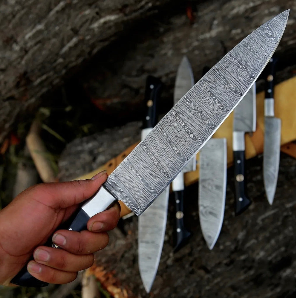Knife Sets for Kitchen – 13" Handmade Damascus Steel Chef Knife with Epoxy Resin Handle & Leather Sheath