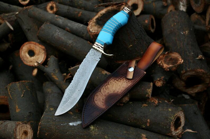 Hand Made Damascus Steel Beautiful Hunting Knife, Camping Knife with Hand Made Original Leather Cover