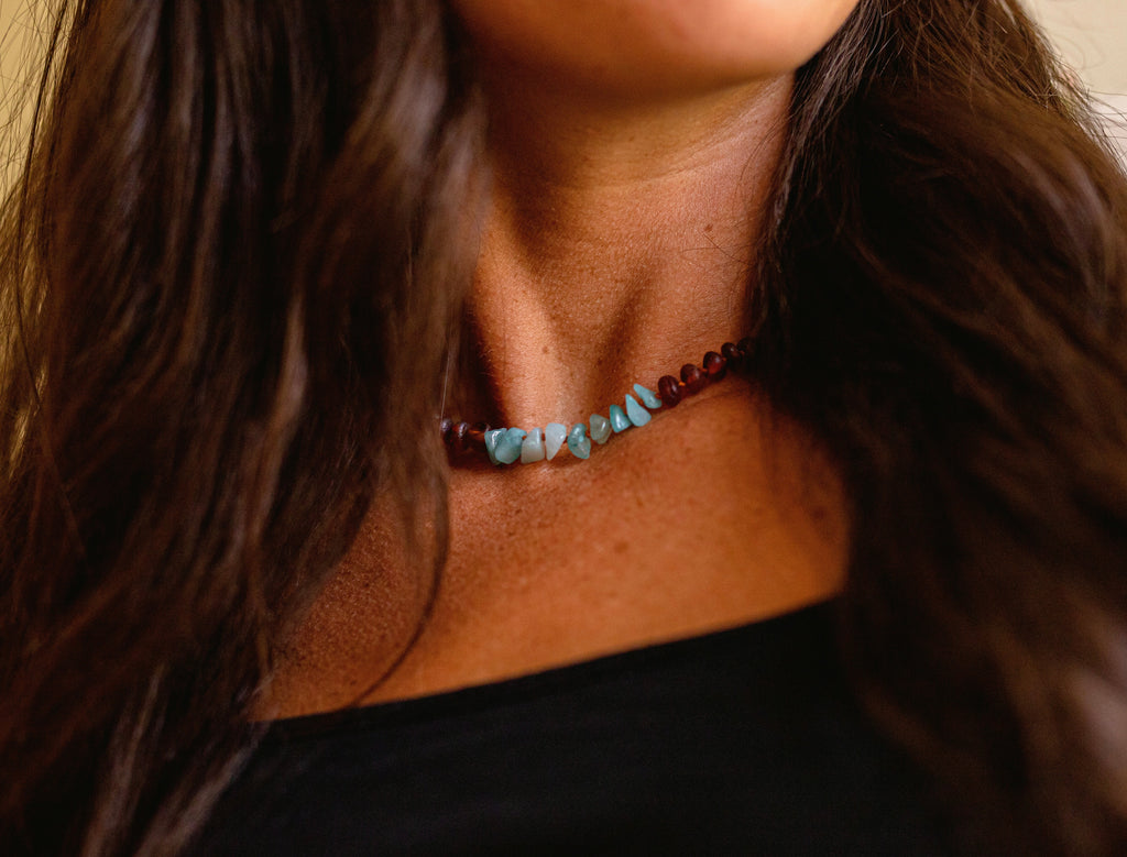 CanyonLeaf Raw Cognac Baltic Amber + Aquamarine || Necklace