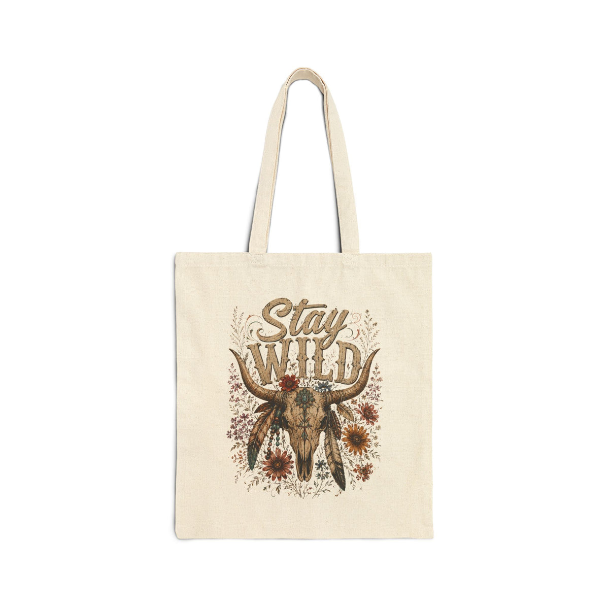 Stay Wild Boho Cow Skull Canvas Grocery & Market Tote Bag - Wild'n'Free Exclusive!