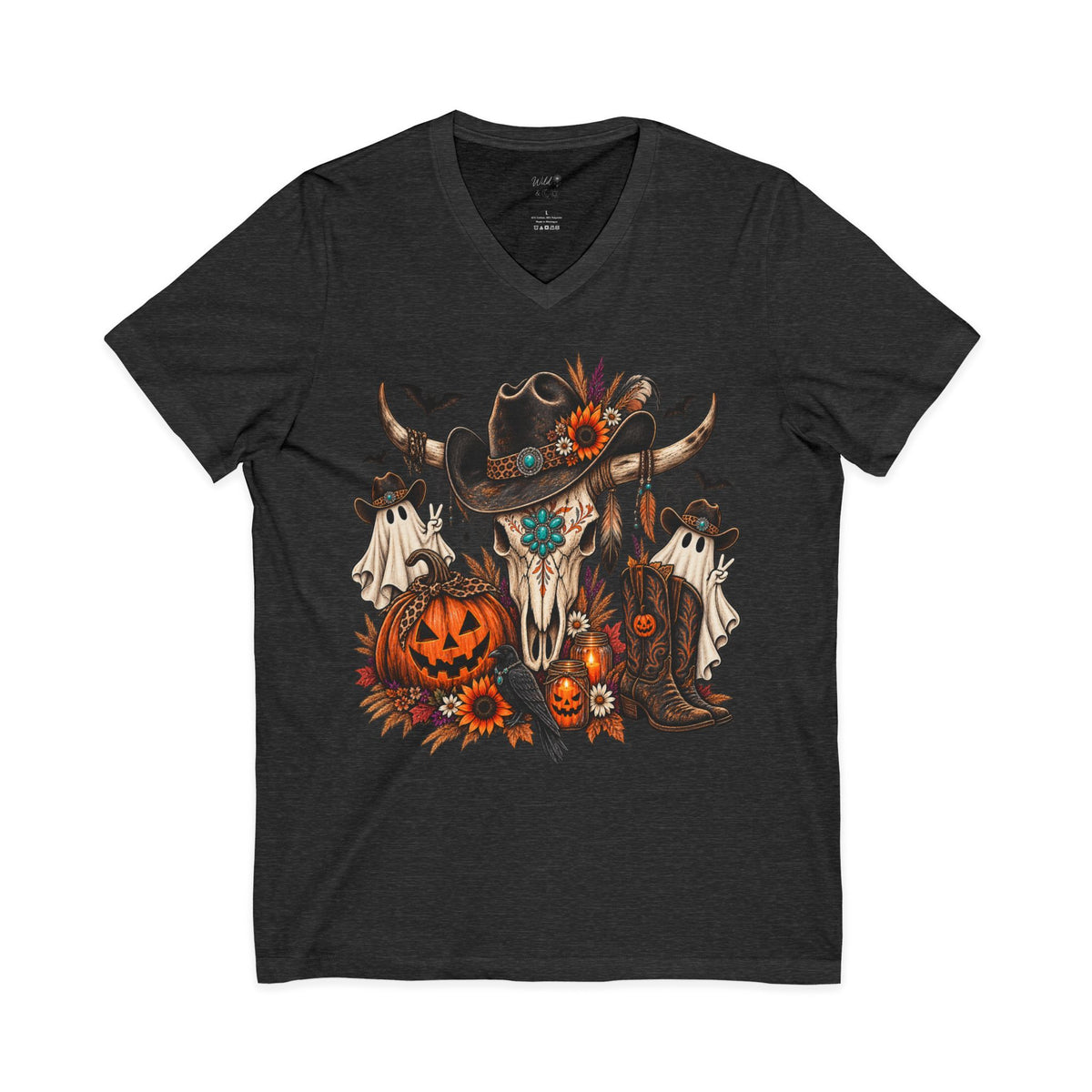 Cow Skull Halloween V-Neck Tee — Western Pumpkin & Ghosts Graphic - Wild'n'Free Exclusive