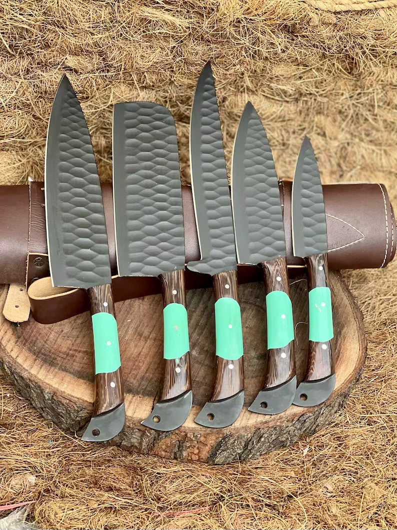 Premium Knife Set – 13" Forged Stainless Steel Blade with Wenge Wood & Resin Handle + Leather Sheath