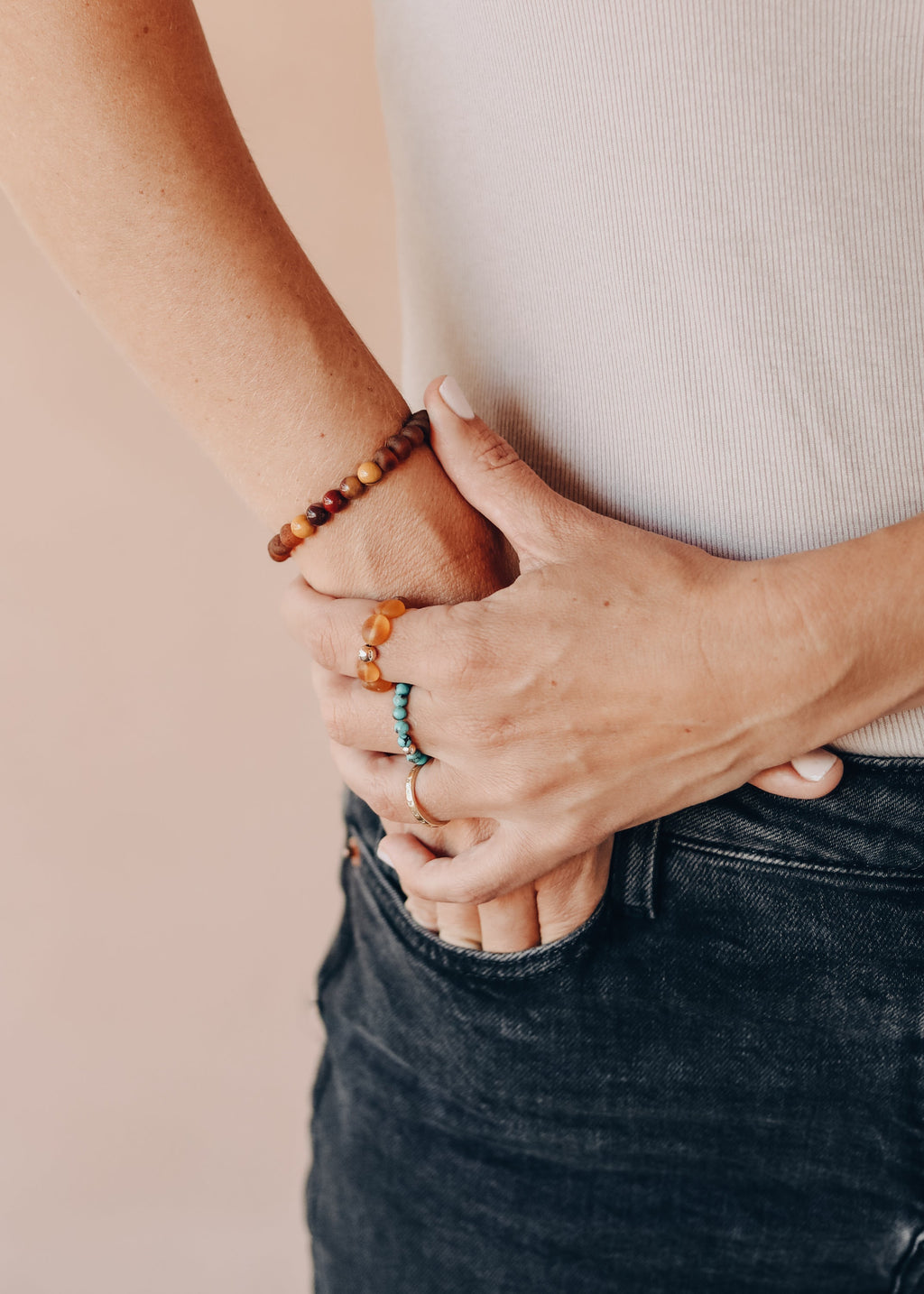CanyonLeaf Raw Cognac Baltic Amber + Mookaite Jasper || Adult Stretch Bracelet