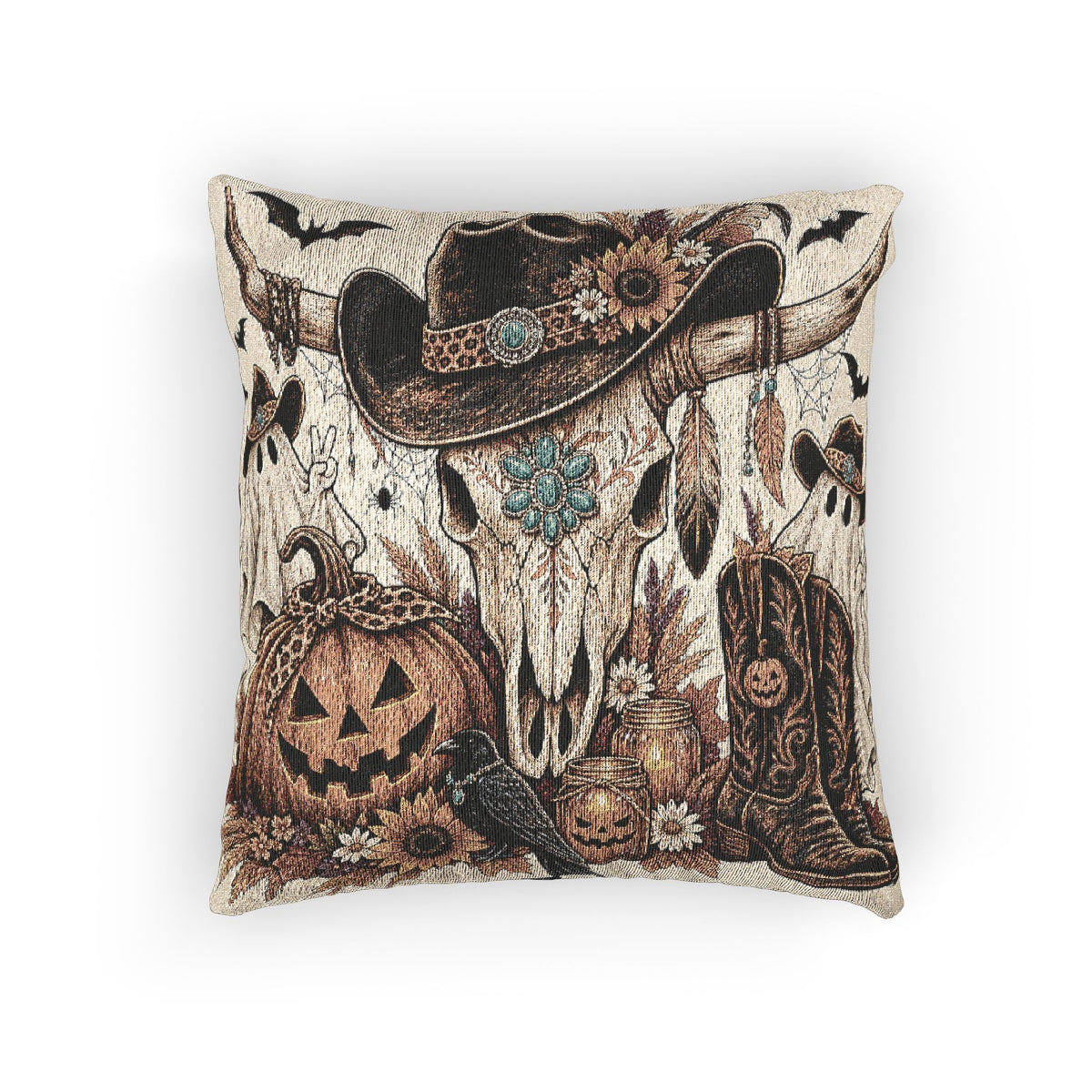 Southwestern Skull, Pumpkin & Boots Halloween Woven Decorative Fall Throw Pillow - Wild'n'Free Exclusive!