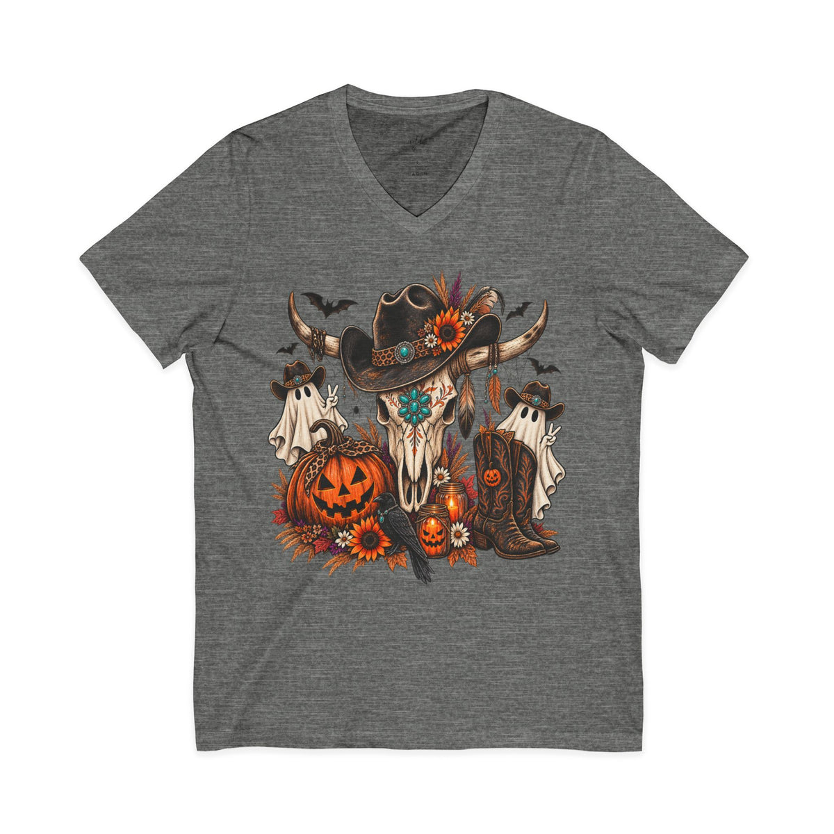 Cow Skull Halloween V-Neck Tee — Western Pumpkin & Ghosts Graphic - Wild'n'Free Exclusive