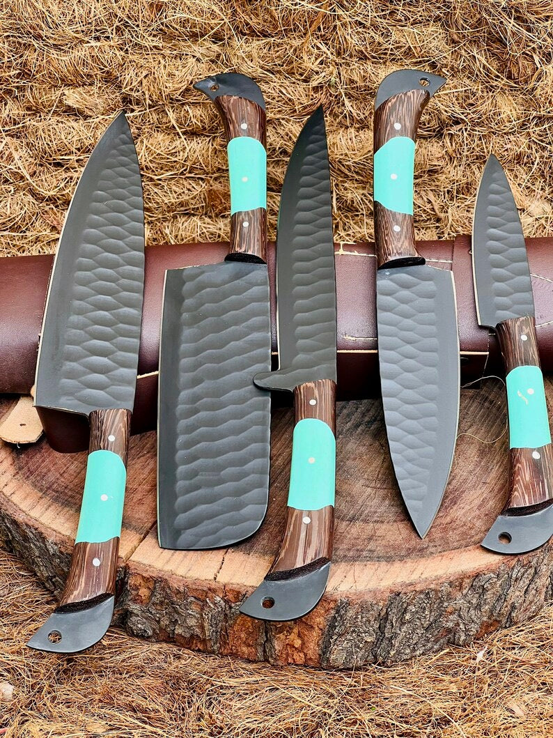 Premium Knife Set – 13" Forged Stainless Steel Blade with Wenge Wood & Resin Handle + Leather Sheath