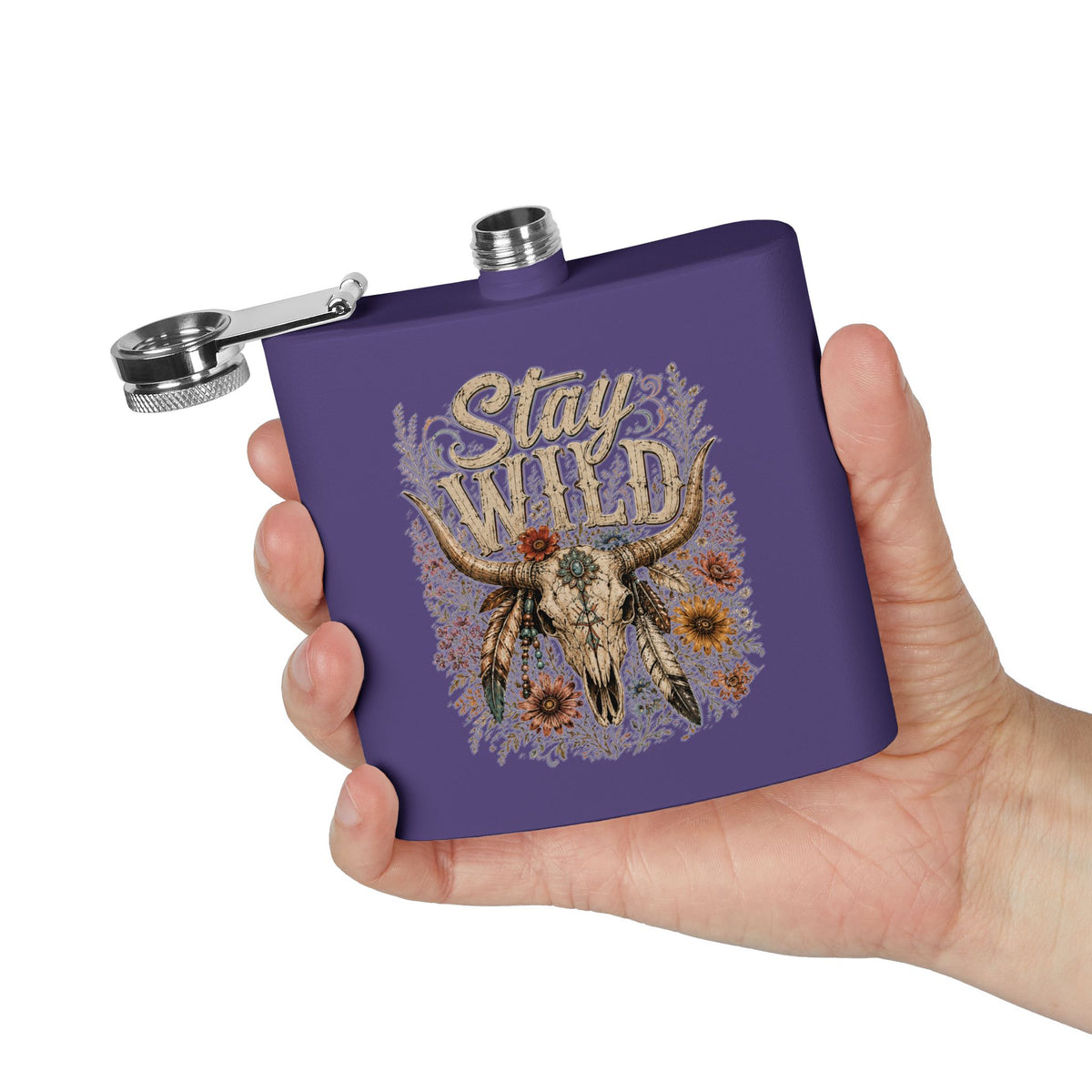 Stay Wild Stainless Steel Flask – 6oz Hip Flask with Boho Skull & Floral Design - Wild'n'Free Exclusive!