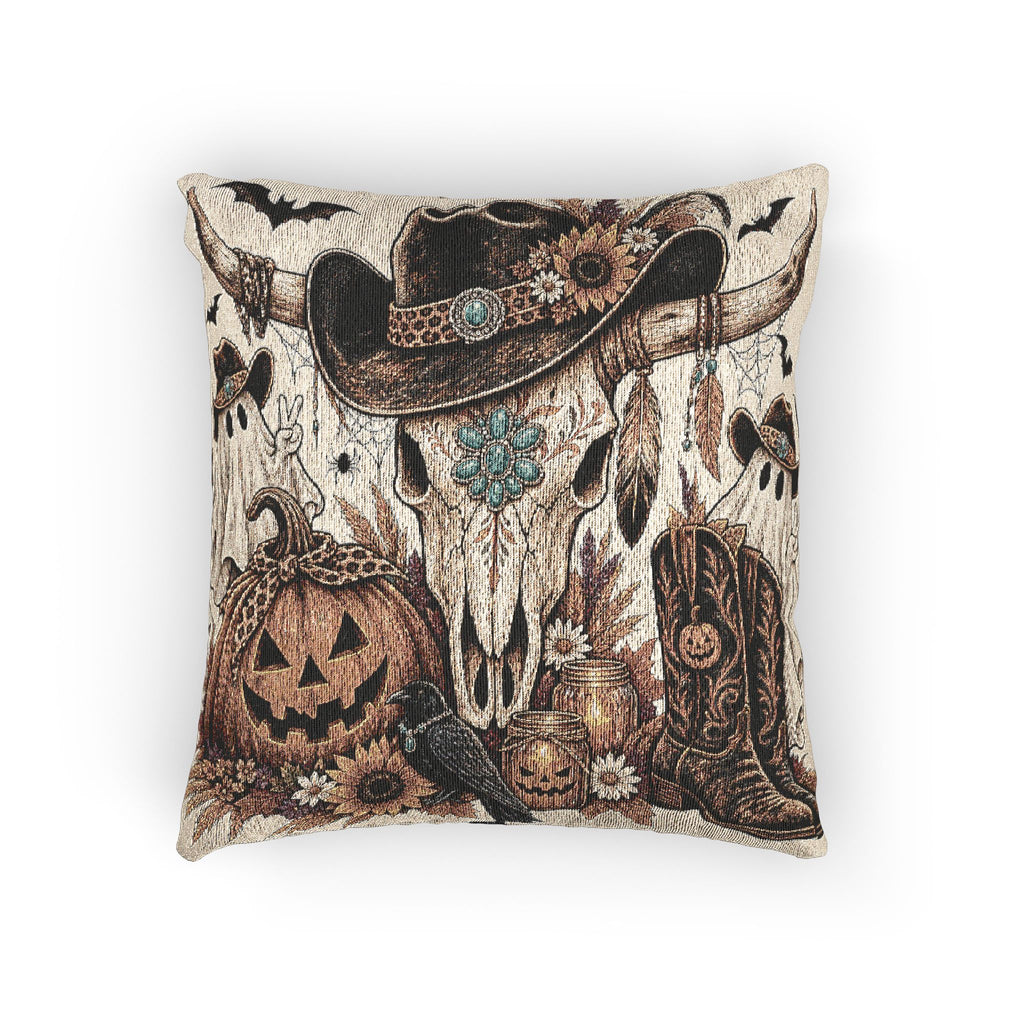 Southwestern Skull, Pumpkin & Boots Halloween Woven Decorative Fall Throw Pillow - Wild'n'Free Exclusive!