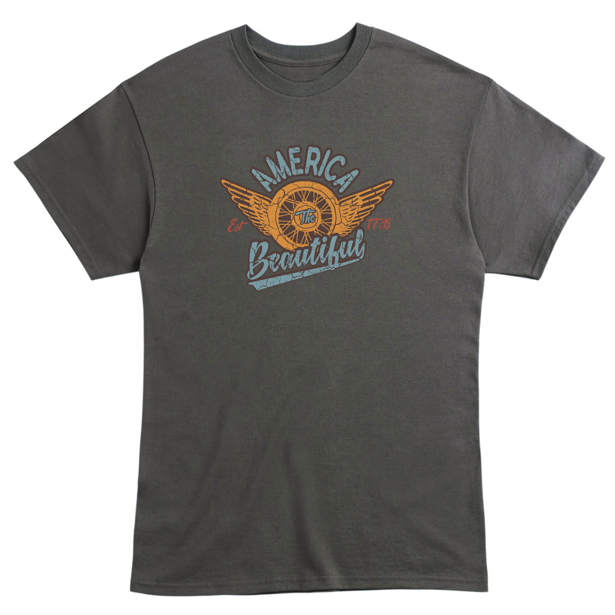 Winged Motorcycle Wheel Vintage Mens Biker T-shirt by America The Beautiful®