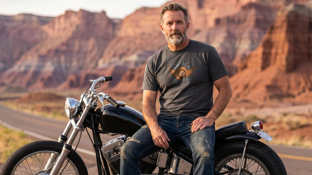 Winged Motorcycle Wheel Vintage Mens Biker T-shirt by America The Beautiful®