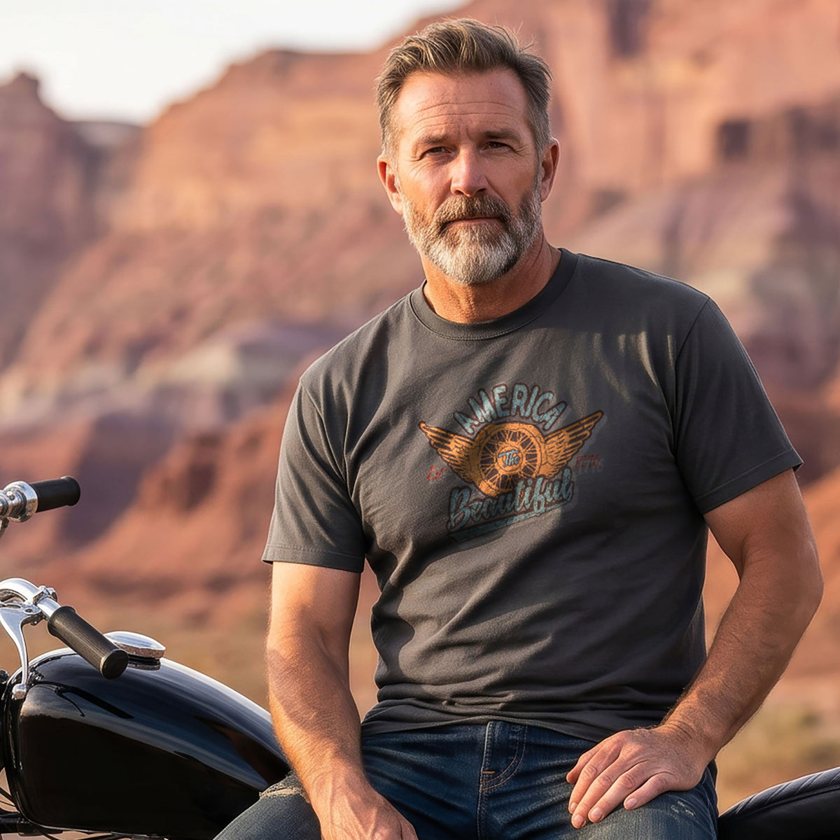 Winged Motorcycle Wheel Vintage Mens Biker T-shirt by America The Beautiful®