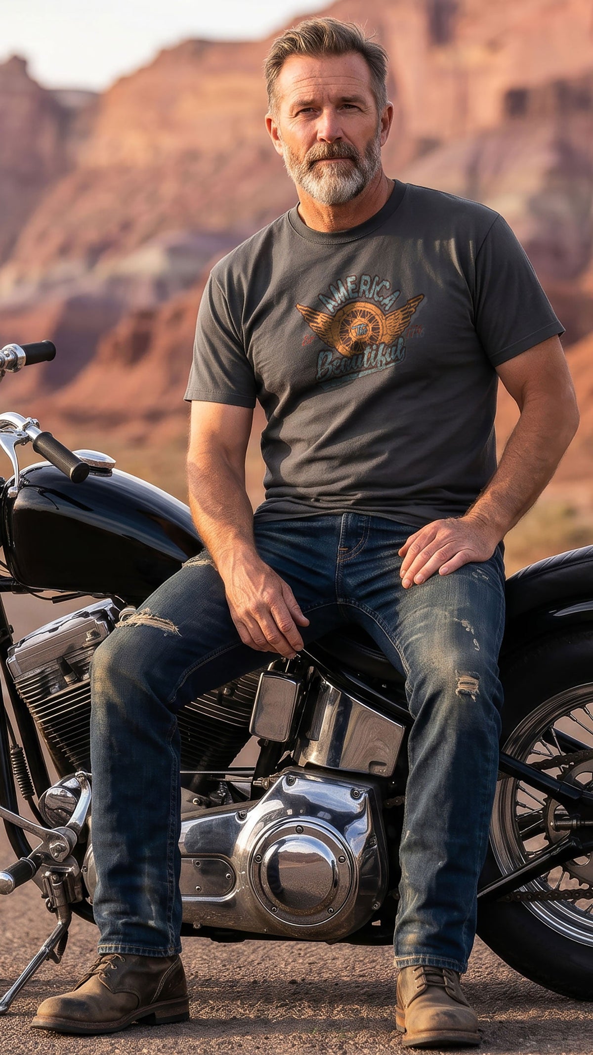Winged Motorcycle Wheel Vintage Mens Biker T-shirt by America The Beautiful®