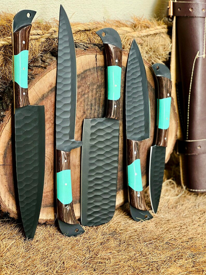 Premium Knife Set – 13" Forged Stainless Steel Blade with Wenge Wood & Resin Handle + Leather Sheath