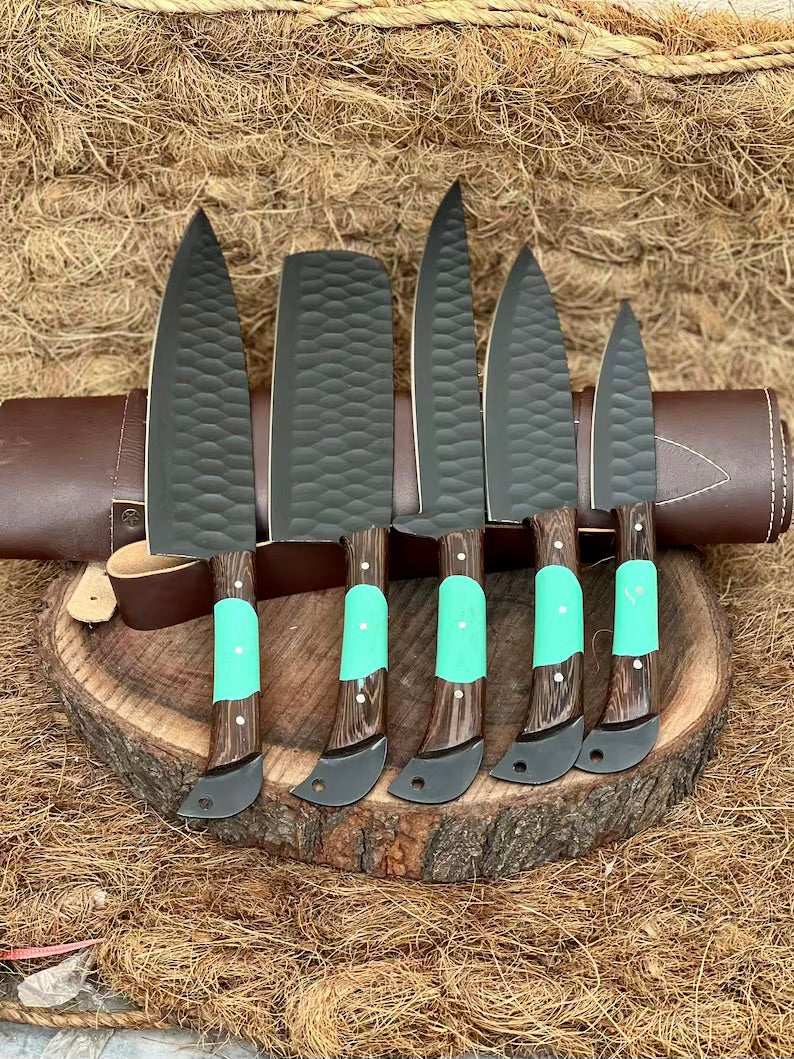 Premium Knife Set – 13" Forged Stainless Steel Blade with Wenge Wood & Resin Handle + Leather Sheath