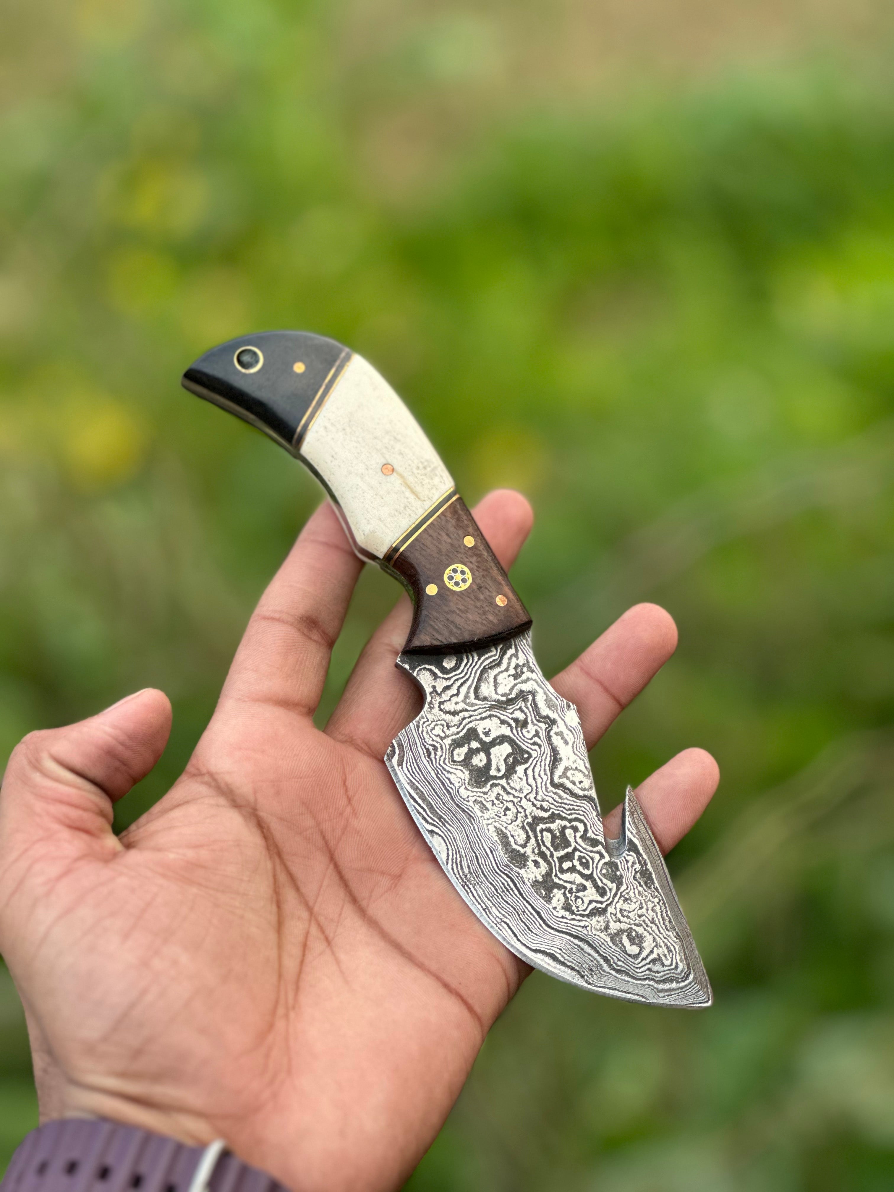 Custom Handmade Damascus Steel Guthook Skinning Knife with Rosewood, Camel Bone & Black Sheet Handle - 7.5” with Leather Sheath