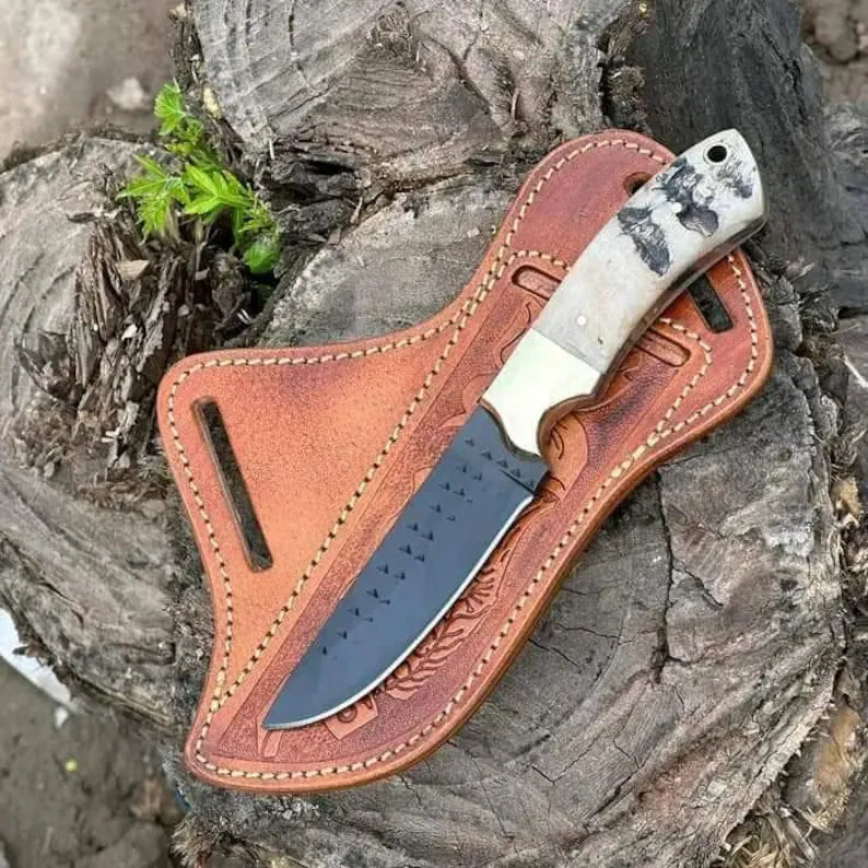 Custom Handmade Rasp Tool Knife – 8" Sheep Horn Handle Ranch Outdoor Knife with Leather Sheath