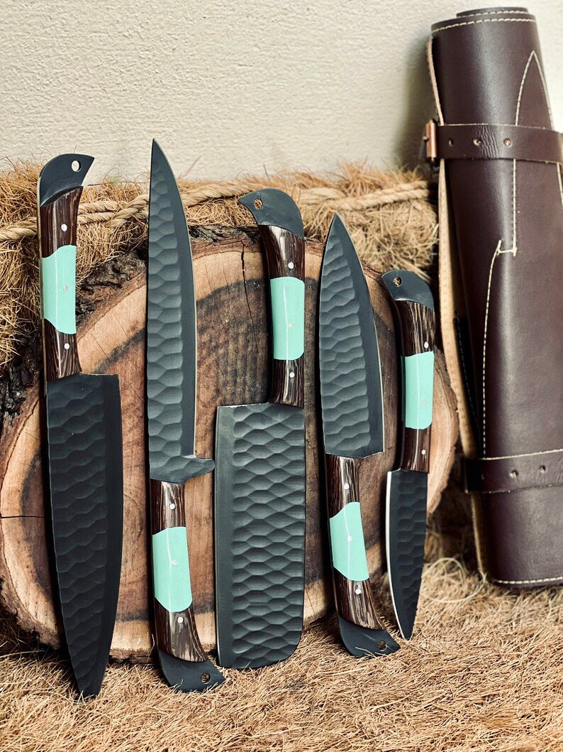 Premium Knife Set – 13" Forged Stainless Steel Blade with Wenge Wood & Resin Handle + Leather Sheath