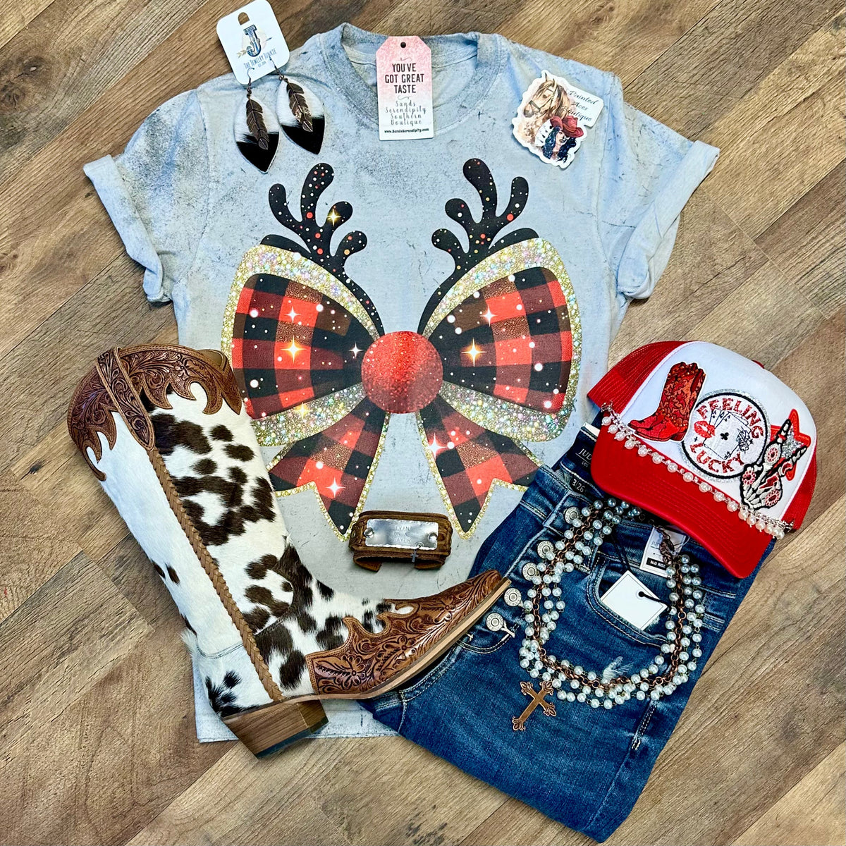 Reindeer Bow Women's Holiday Tee by Painted Aces