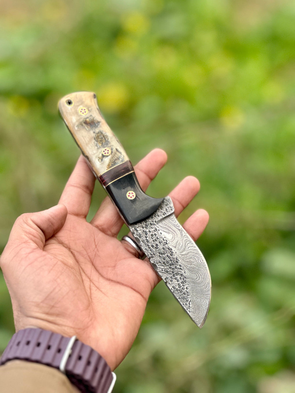 9" Damascus Steel Blade Hunting Knife with Sheep Horn/Resin Handle & Leather Sheath
