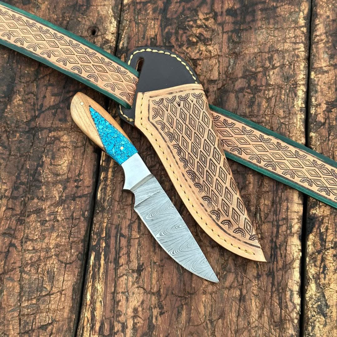 Handcrafted Back of Belt Knife – 8" Damascus Steel Blade with Resin & Olive Wood Handle