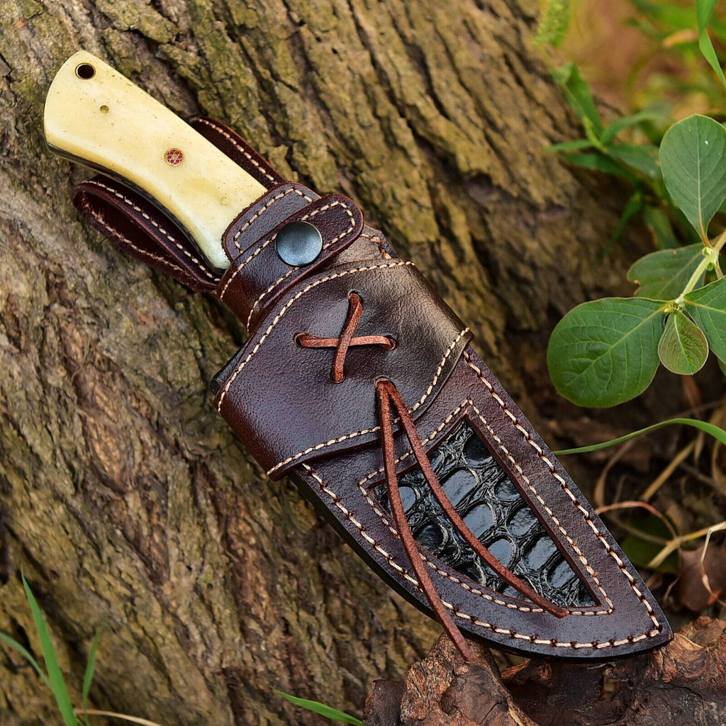 Premium Damascus Steel Skinner Knife – Custom Handmade with Camel Bone Handle