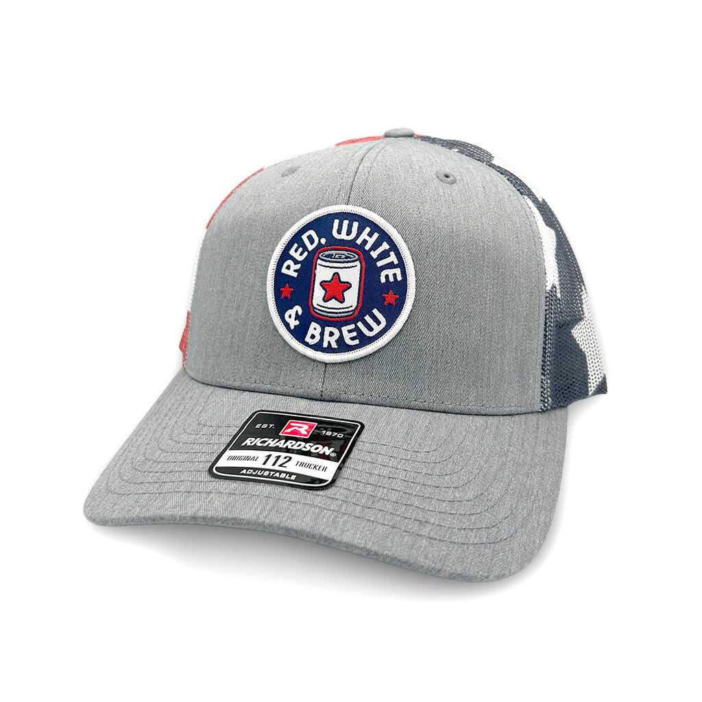 Red White and Brew Funny Patriotic Trucker Hat – Woven Patch Snapback