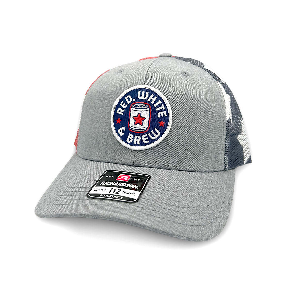 Red White and Brew Funny Patriotic Trucker Hat – Woven Patch Snapback