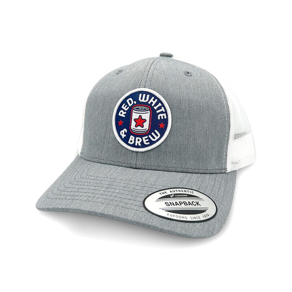 Red White and Brew Funny Patriotic Trucker Hat – Woven Patch Snapback