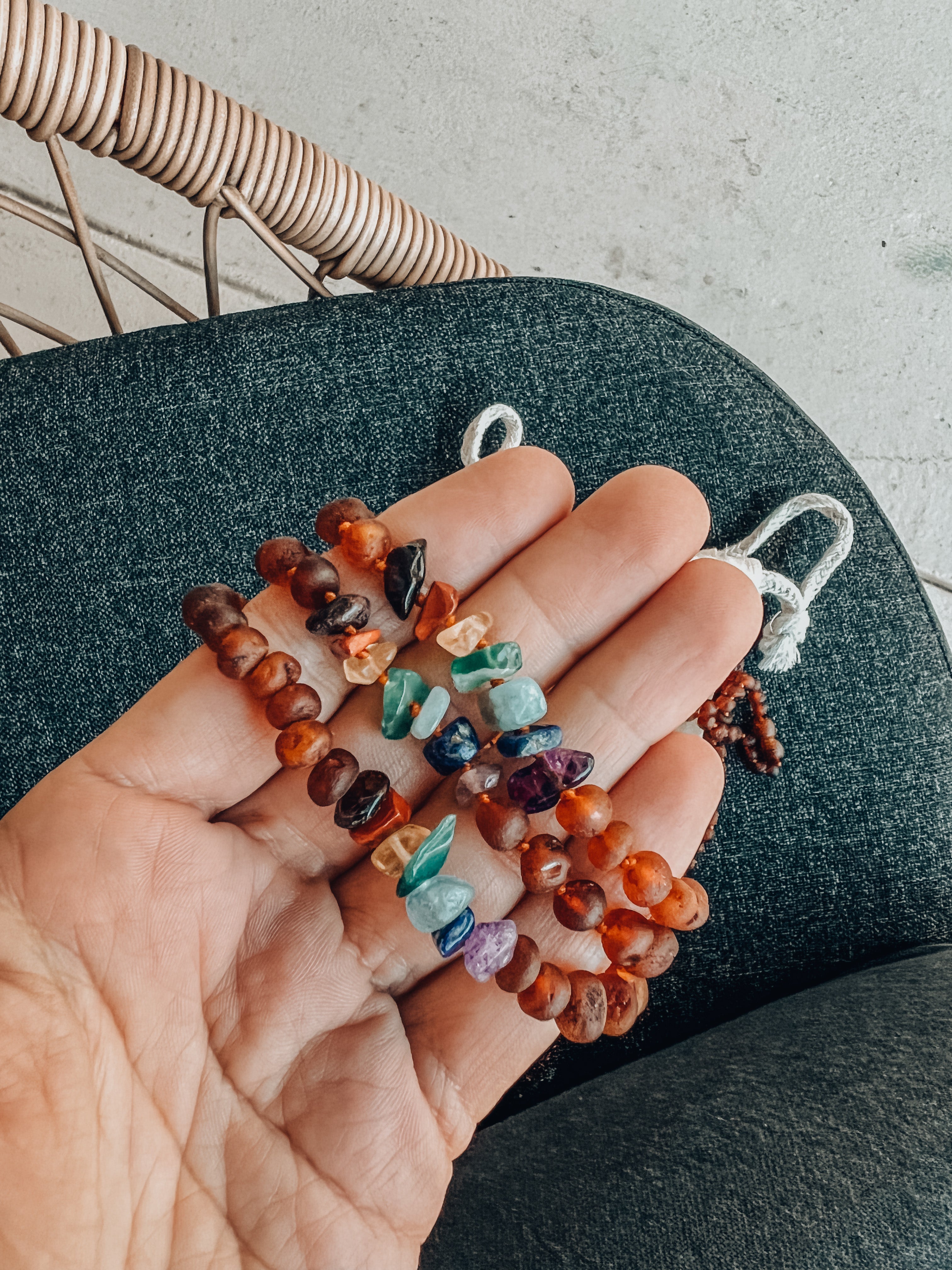 CanyonLeaf Raw Cognac Baltic Amber + Raw CHAKRA Crystals || Adult Bracelet