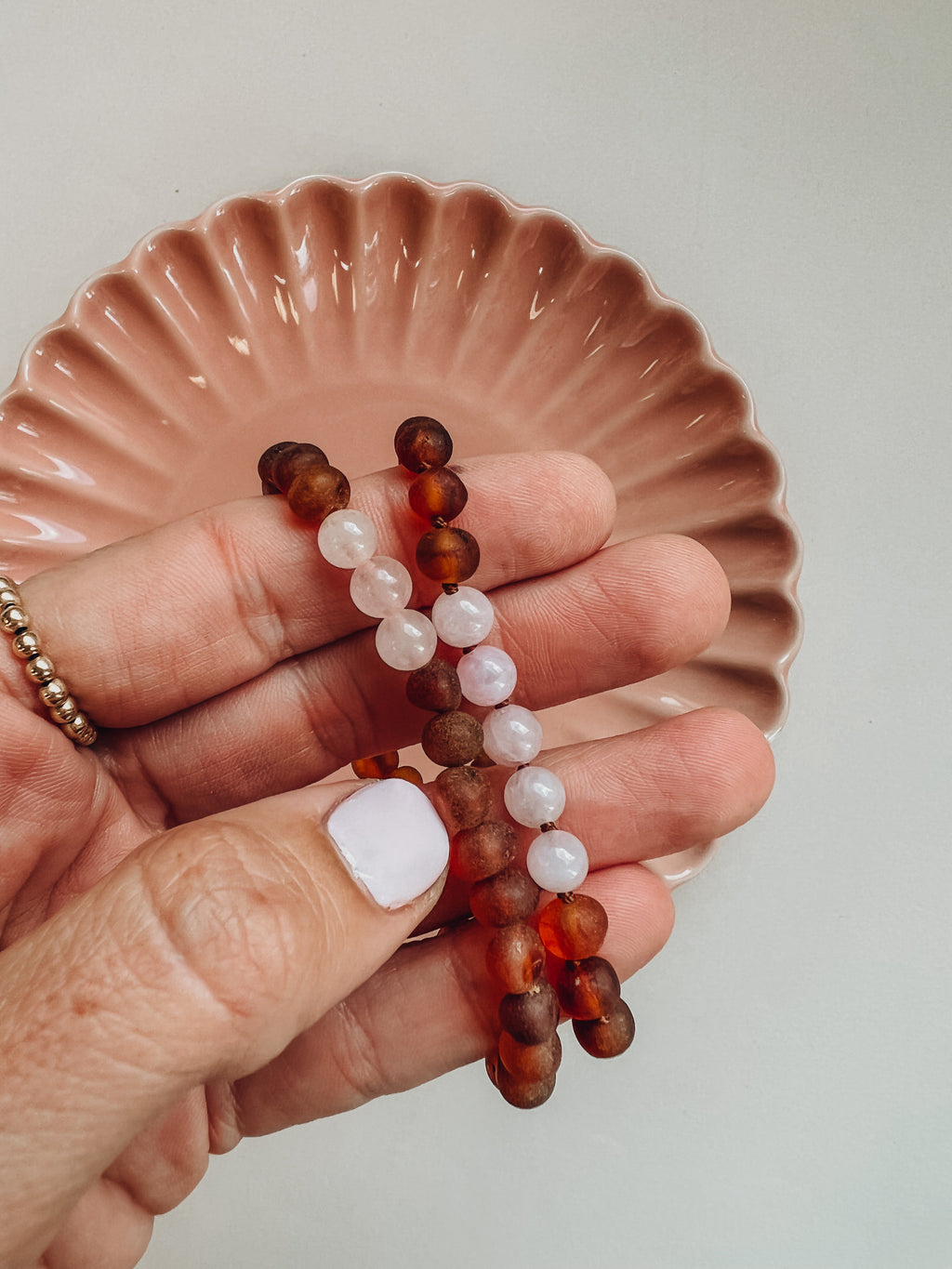 CanyonLeaf Raw Cognac Baltic Sea Amber + Rose Quartz || Adult Bracelet