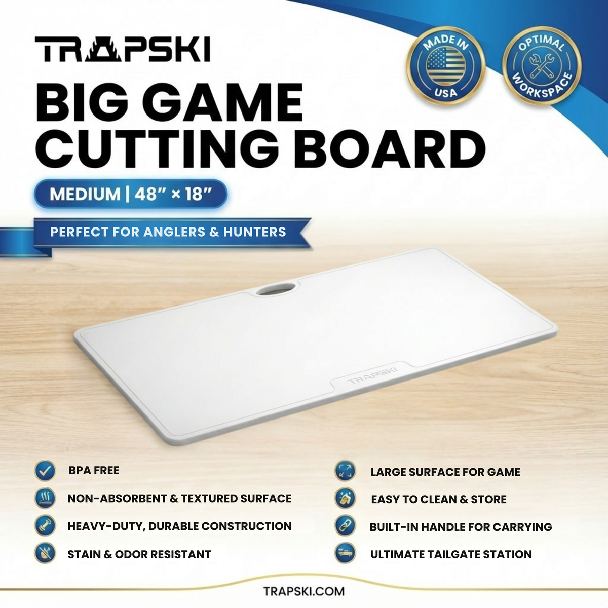 Big Game Cutting Chopping Board 3/8 Inch Thick | Food-Grade HDPE Optional Non-Skid Rubber Feet, Wide Juice Groove | 32 or 48 in x 18 in or 24 in for Tailgates, Coolers and Tables | Easy Grip Handle