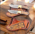 Western Cowboy Knife – Handmade Damascus Steel Blade with Pine Cone Resin & Brass Handle, 9" with Leather Sheath