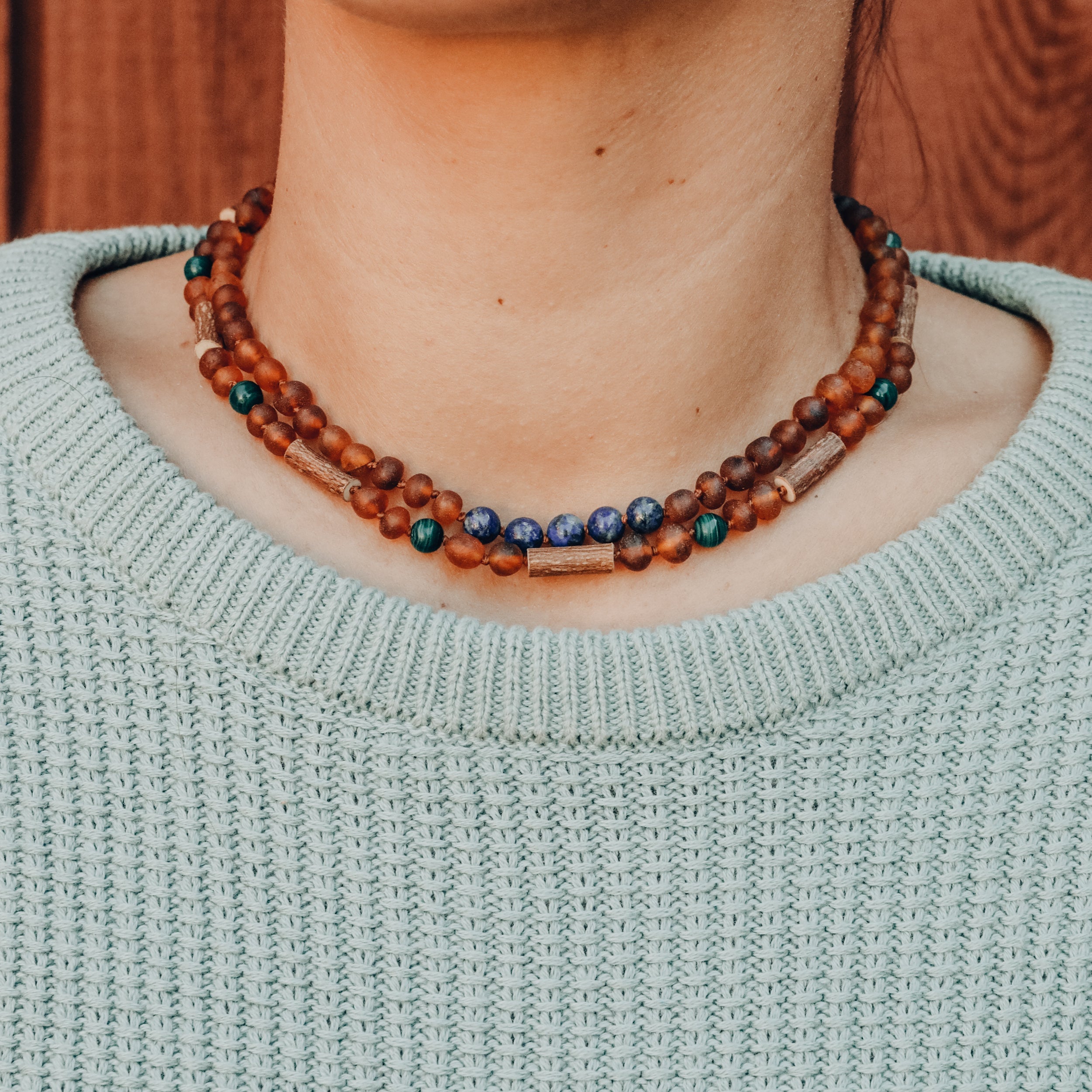 CanyonLeaf Raw Cognac Baltic Amber + Lapis Stone Necklace