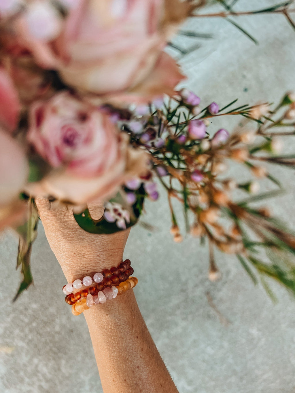 CanyonLeaf Raw Cognac Baltic Sea Amber + Rose Quartz || Adult Bracelet