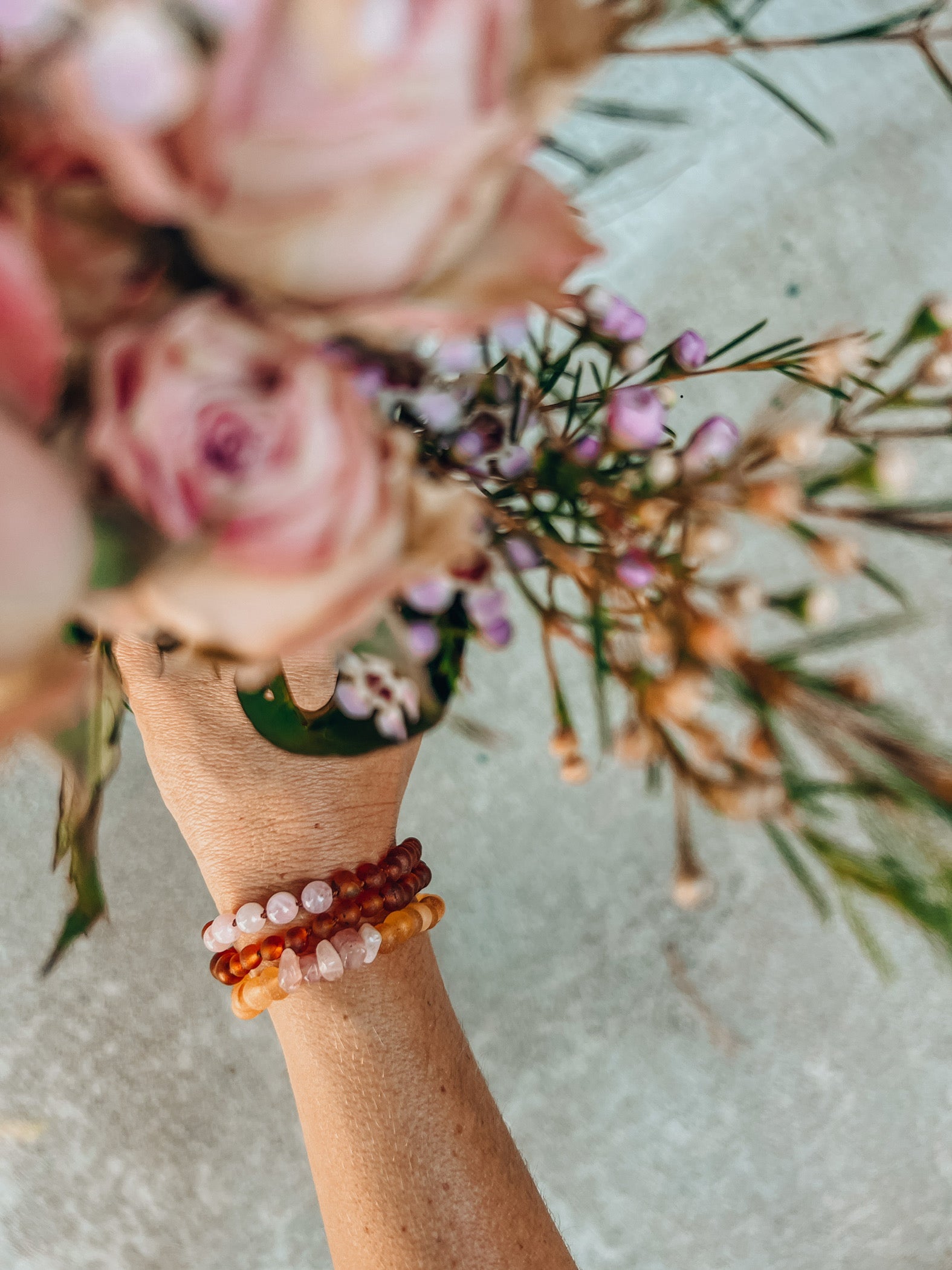 CanyonLeaf Raw Cognac Baltic Sea Amber + Rose Quartz || Adult Bracelet