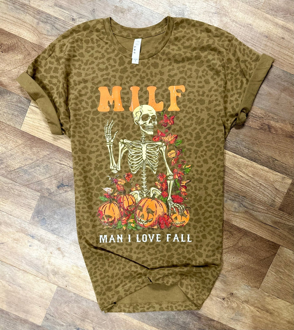 MILF-Man I Love Fall Black Leopard Print Women's Tee by Painted Aces