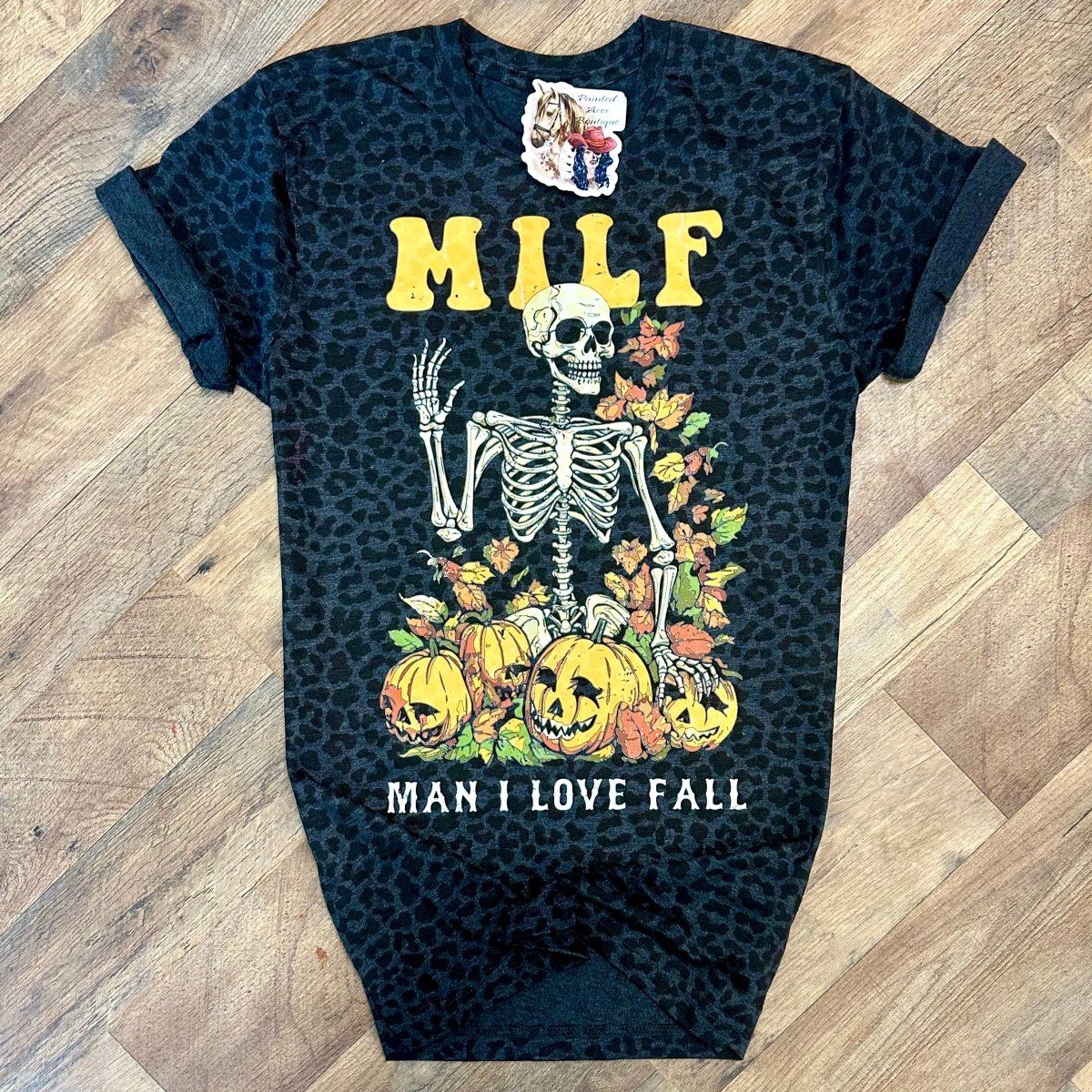 MILF-Man I Love Fall Black Leopard Print Women's Tee by Painted Aces