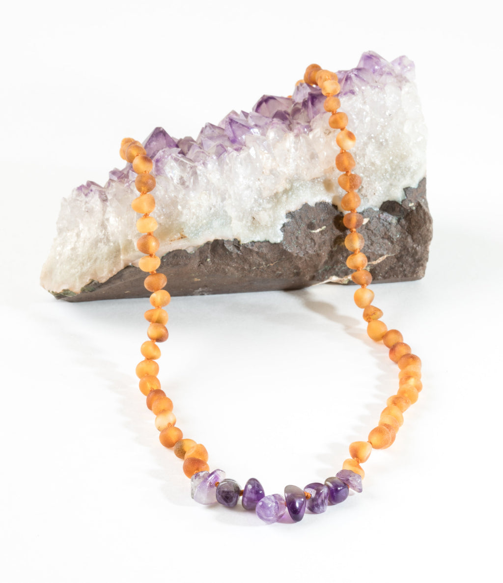CanyonLeaf Raw Honey Baltic Amber + Raw Amethyst || Necklace