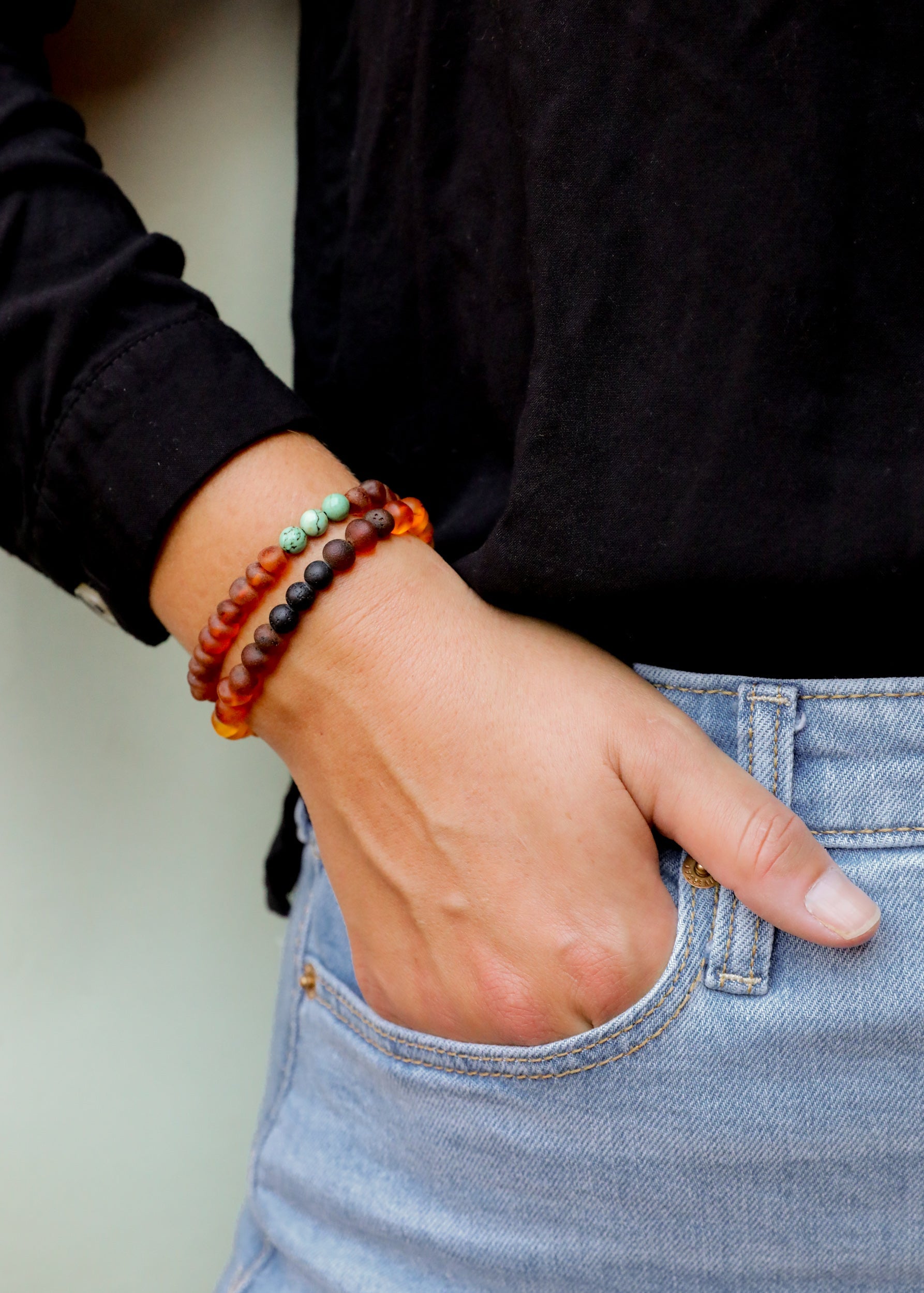 CanyonLeaf Raw Cognac Baltic Amber + Turquoise Jasper || Adult Bracelet
