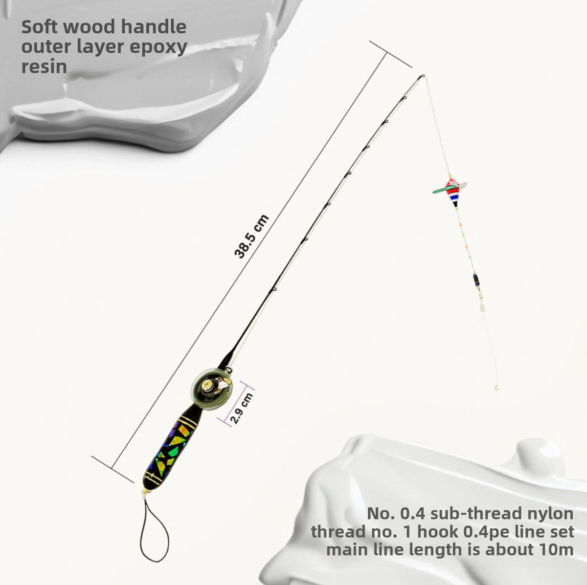 Handmade 38 cm Micro Fishing Rod with Mini Reel